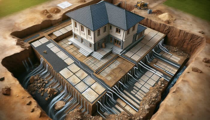 Excavation around foundation with perforated weeping tiles and gravel backfill for drainage.