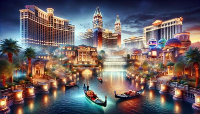Discover the Luxurious Side of Las Vegas Hotels: A breathtaking scene featuring Bellagio's fountains, Wynn's stunning architecture, and Venetian's gondola rides illuminated by vibrant neon lights.