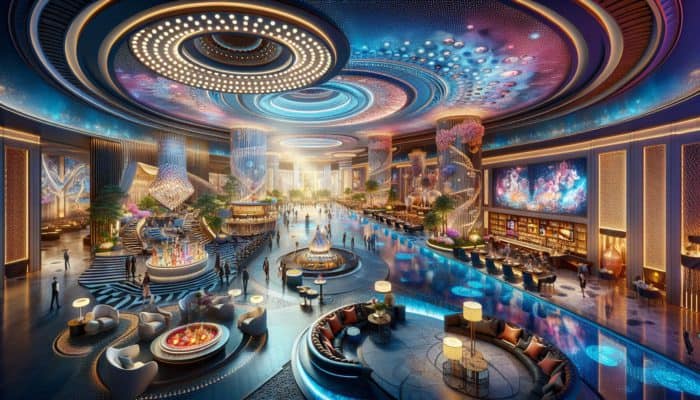 Luxurious Las Vegas hotel lobby where guests enjoy spa services, gourmet dining, and live entertainment.
