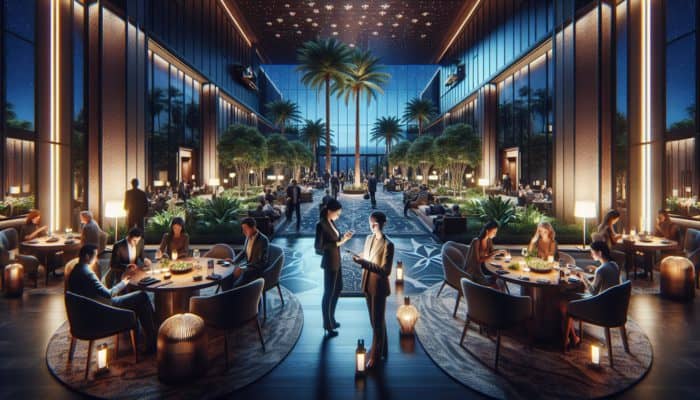 A peaceful Las Vegas hotel lobby at dusk, featuring guests dining and checking in using smartphones.