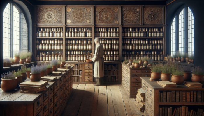 Advanced Herbal Infusion Timing: An elderly herbalist in a historical British apothecary preparing infusion using thyme, chamomile, and mint, surrounded by ancient texts and symbols.