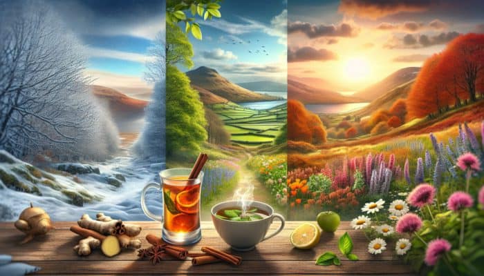 A picturesque UK landscape showcasing seasonal changes with steaming cups of ginger, cinnamon, lemon balm, and chamomile infusions.