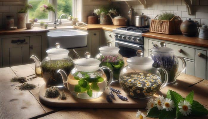 Several herbs steeping in glass teapots in a UK kitchen: chamomile, mint, lavender, nettle, and elderflower.