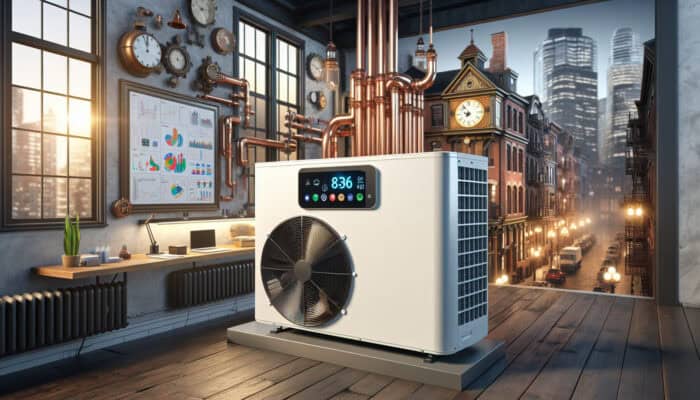 Modern heat pump in Gastown home, extracting ambient air heat, with steam clock and historic buildings.