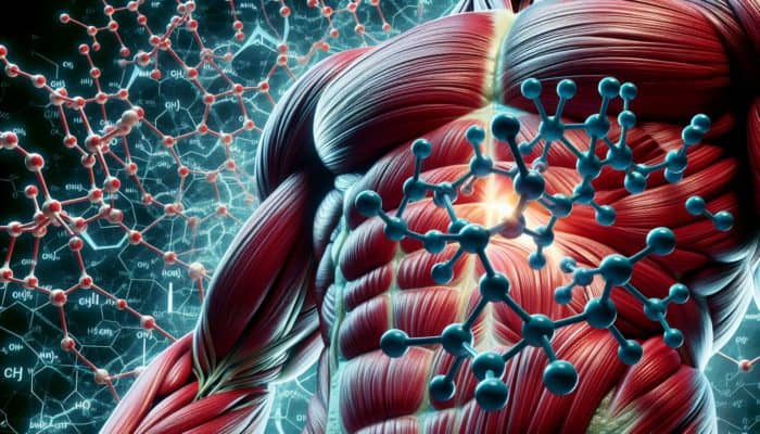 BCAAs in Bodybuilding Circles: Close-up of leucine, isoleucine, and valine molecular structures on muscular tissue, symbolizing athletic enhancement.