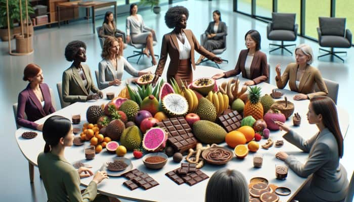A table featuring exotic fruits, chocolate, and libido-boosting herbs, discussed by professional women in an upscale office.