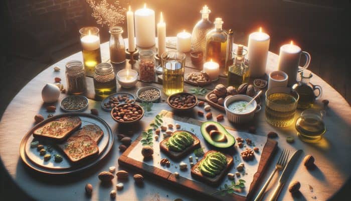 A romantic dinner with avocado toast on whole grain bread, surrounded by nuts and oils, in soft evening light.