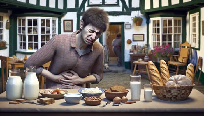 Food Intolerance Blood Test in Aldershot: Individual experiencing discomfort at a table with dairy, gluten, nuts, looking distressed and puzzled.