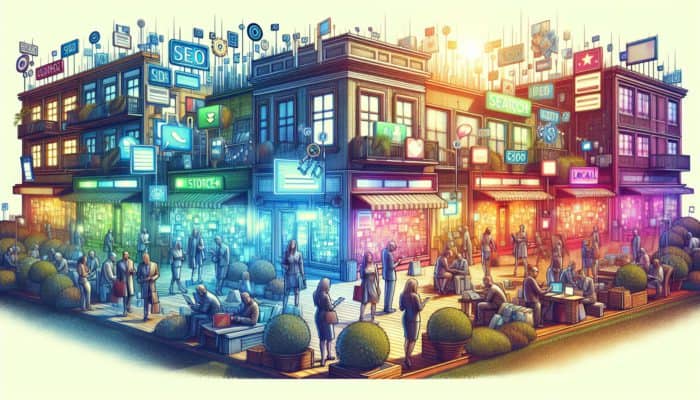 A vibrant e-commerce scene in Plymouth featuring SEO keywords on digital screens with customers engaging in search engines.