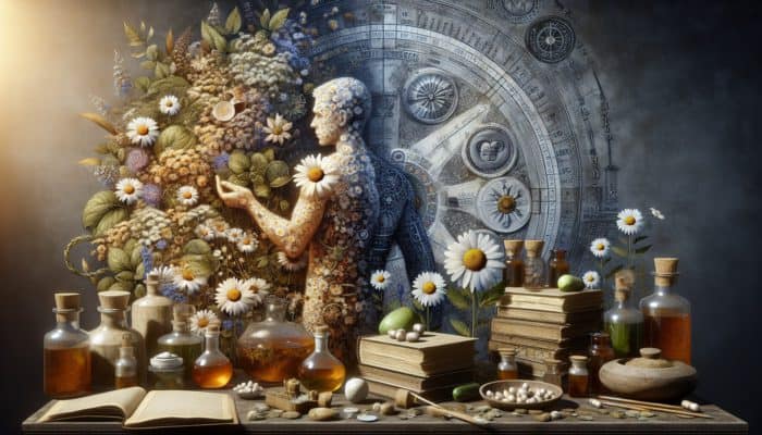 An ancient apothecary scene featuring chamomile flowers and remedies designed to soothe skin rash and inflammation.
