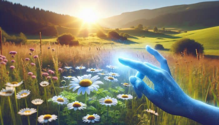 Chamomile flowers in a meadow releasing soothing blue essence onto irritated skin, effectively reducing redness.