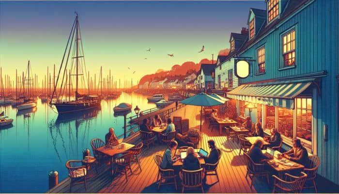 A tranquil Weymouth harbor at sunset, with individuals blogging in a cozy café.