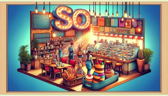 A bustling Weymouth coffee shop with signage reading "Best Pastries in Weymouth", attracting both locals and tourists, with SEO keywords integrated into decor and menu.