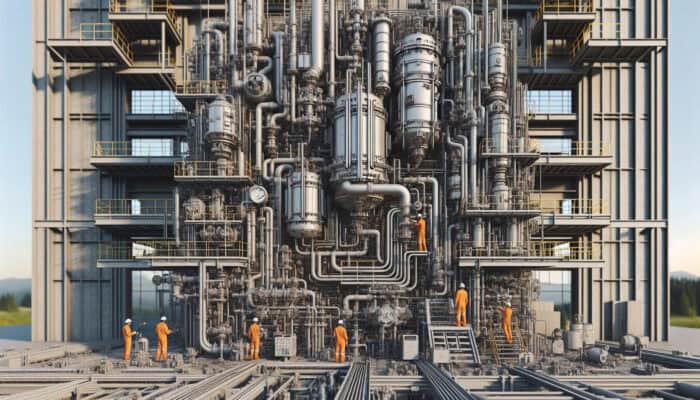 Technicians servicing a modern boiler in a Ladner, Delta industrial setting, showcasing a cross-section with pipes and valves.
