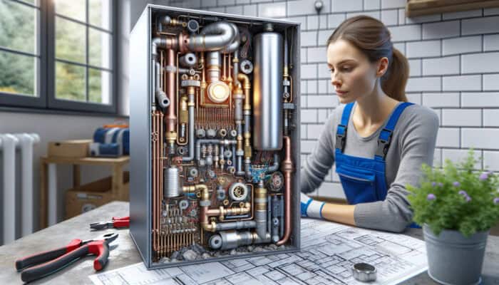 A technician repairing a boiler with visible leaks from corroded pipes and faulty valves in a Ladner home.