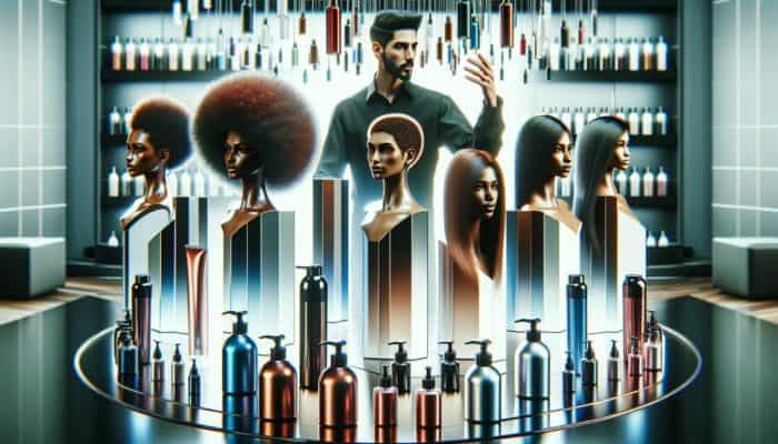 A hair salon with a stylist showcasing hair lacquers on diverse models, highlighting products on a modern counter.