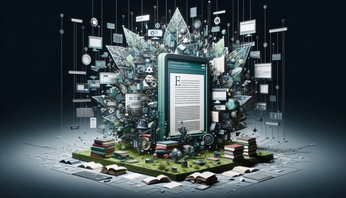 A detailed webpage with evergreen content, surrounded by books and links, symbolising a cornerstone of knowledge.