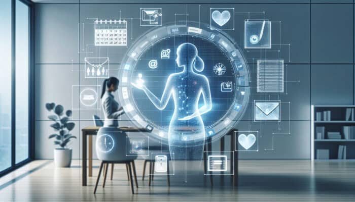 A serene office with a virtual assistant managing schedules on a holographic screen amidst floating icons.