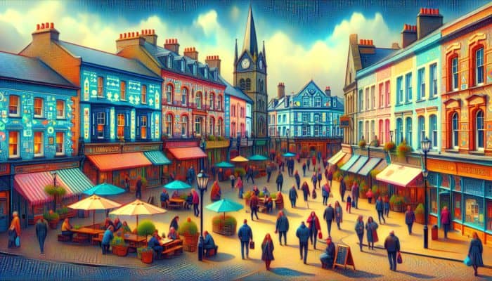 A vibrant Dawlish town square with local businesses showcasing engaging social media content and analytics.