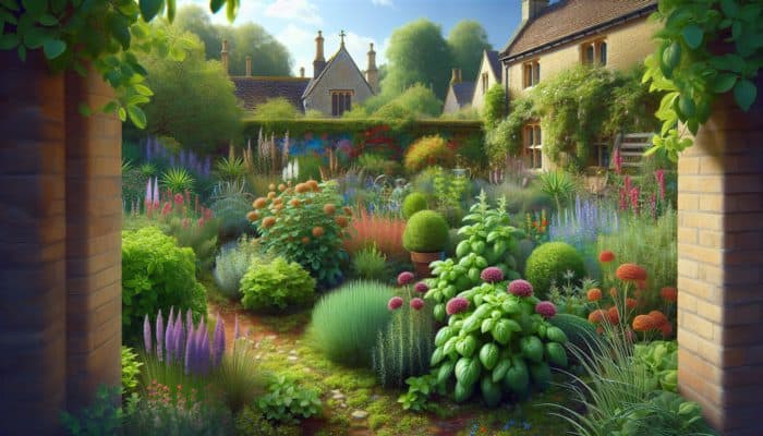 A vibrant UK garden featuring basil, rosemary, thyme, chives, mint, parsley, sage, and oregano plants.