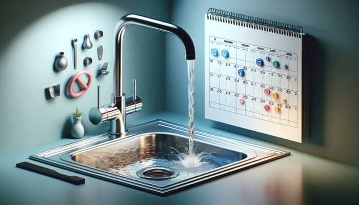 Modern kitchen sink with clear water flow, calendar marking regular drain cleaning for health and savings.
