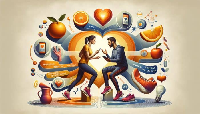 Wellness for Long-Distance Relationships: A couple using technology to connect, surrounded by wellness symbols in a long-distance relationship.