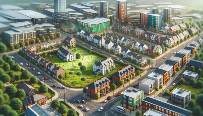 A bustling Newcastle street showcasing diverse homes near parks, schools, and shopping centers, illustrating location's impact on home values.