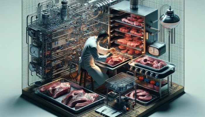 A competitor selecting marbled meat, preparing for a competition with an offset smoker and tools.