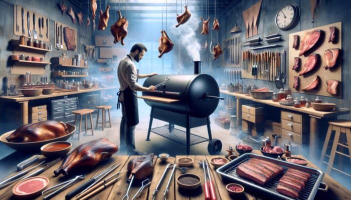 A person adjusting an offset smoker in a workshop setting with a pitmaster and barbecue tools.
