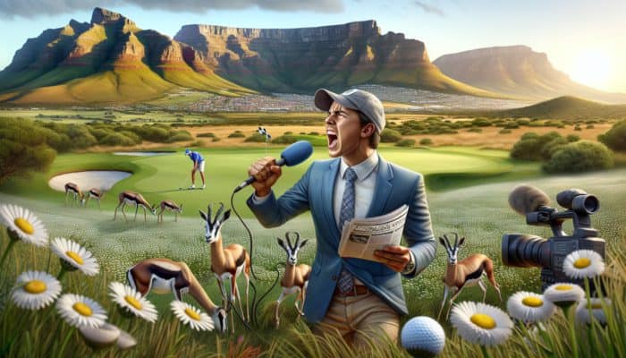 A South African journalist with a journalism degree reporting on a golf tournament amidst iconic landscapes, capturing the sport's essence and history.