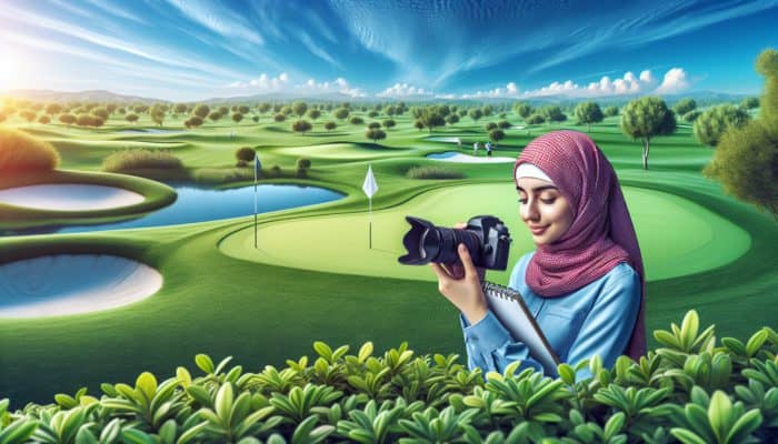 Journalist with notepad and camera at a lush golf course under a clear blue sky.