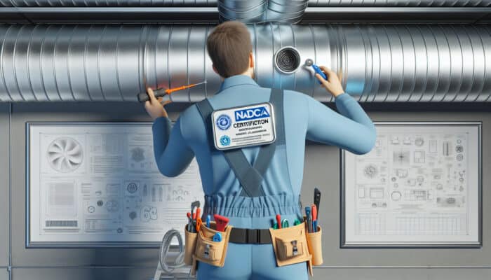 Certified duct cleaning technician in blue uniform using specialized tools, proudly displaying NADCA certification badge.
