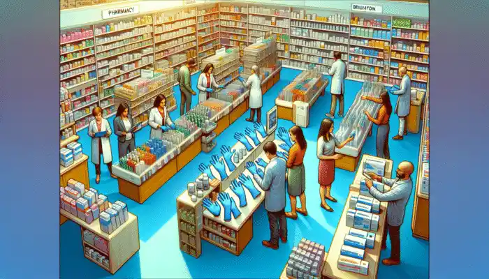 A busy Brighton pharmacy with a section for nitrile gloves of various brands and sizes, staff assisting customers.