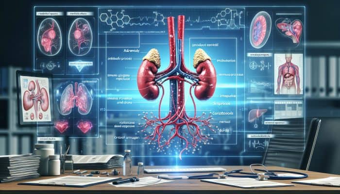 Cortisol Blood Test in Bury: Illustration of cortisol blood test showing adrenal glands, metabolism, immune response, and stress management in a clinical setting.