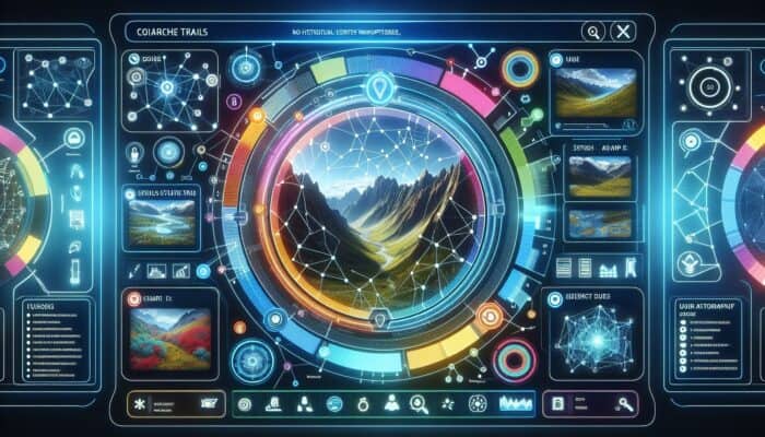 Optimising Content for Semantic Search: A futuristic search engine interface with holographic displays showing interconnected nodes and user queries about hiking trails.