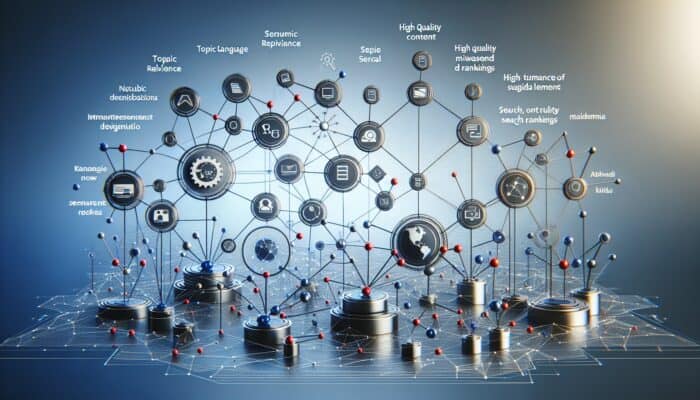 A digital landscape illustrating semantic optimisation practices enhancing user experience and search engine rankings.