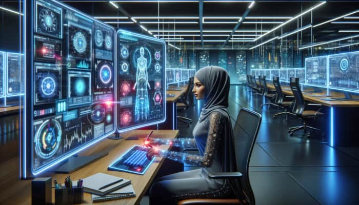 A virtual assistant using digital tools to manage social media platforms in a tech-savvy office.