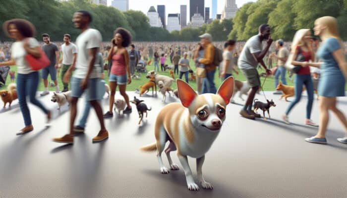 A small Chihuahua trembling in a crowded park, showing signs of anxiety due to insufficient socialization and genetic factors.