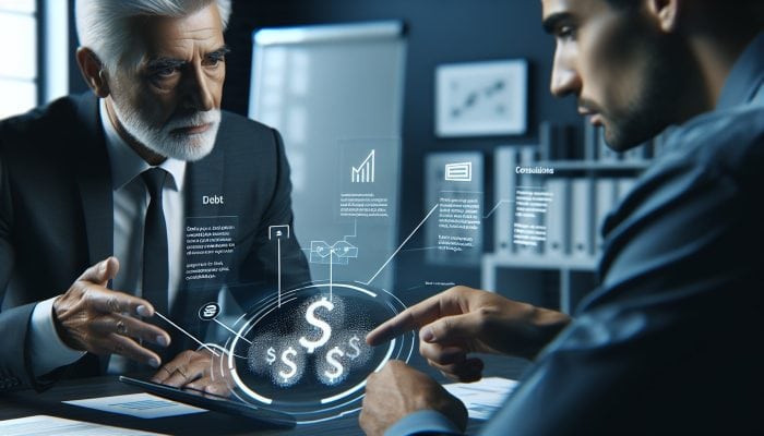 How to Negotiate Debt Consolidation Fees: UK Guide | DCL A financial advisor pointing at a graph on a tablet, discussing debt consolidation fees with a client.