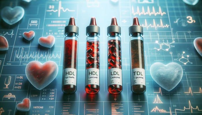 Cholesterol Blood Test in Eccles: Illustration of cholesterol test vials labeled HDL, LDL, triglycerides, with a heart symbolizing heart health.