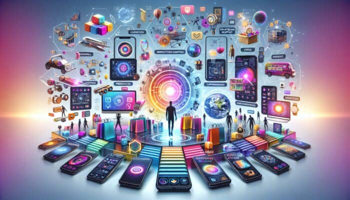 A futuristic e-commerce platform with shoppable videos, live-stream events, and AR/VR on mobile devices.