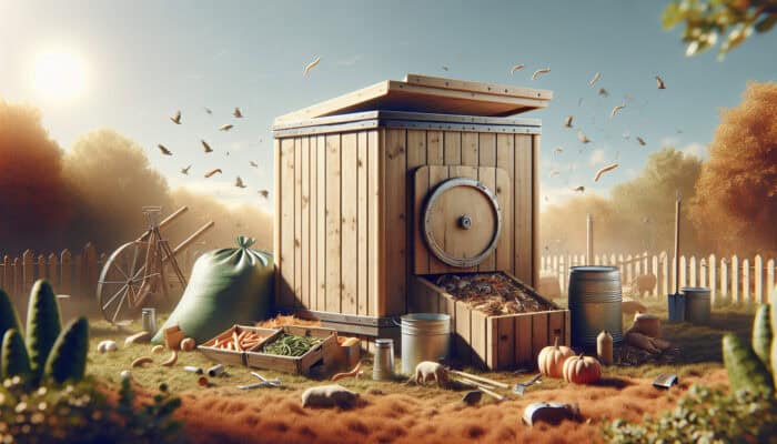 A robust compost bin designed for outdoor use, filled with pet waste and surrounded by composting tools and various composters in a sunny yard.