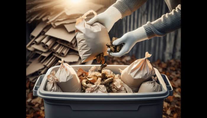 Individual adding pet waste in biodegradable bags to a composter, mixing in leaves and cardboard for balanced composting.