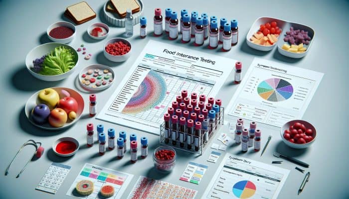Food Intolerance Test in Heywood: A medical setup with blood vials, dietary charts, and a symptom diary for food intolerance testing.