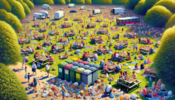 Summer Waste Hacks for House Clearance: UK summer scene with barbecues, picnics, and litter, emphasising the need for waste management and recycling.