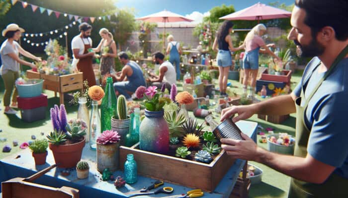 People creatively reusing household waste for summer clearance, with containers as planters and bottles as garden decor.