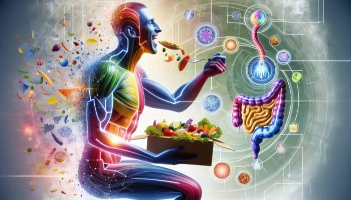 Person enjoying a colorful meal, with an illustration of the digestive system and health symbols.