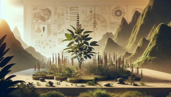 An ancient Ayurvedic garden with ashwagandha plants, symbolising stress relief and mental clarity.