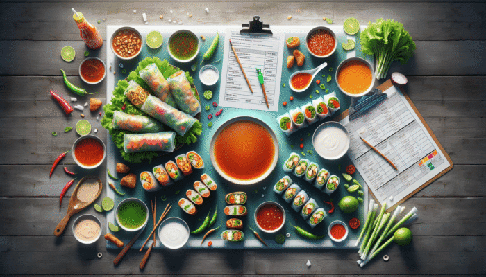 Fresh spring rolls with an assortment of dipping sauces: peanut, spicy hoisin, and light lime-fish sauce.