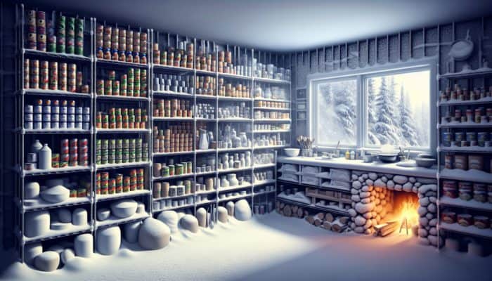 A snow-covered kitchen with shelves of organized canned goods, dried foods, and water bottles, lit by a fireplace.